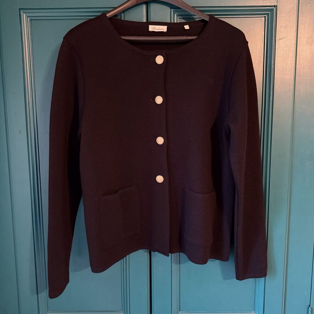 Stenströms Stina Navy Merino Wool Cardigan Gold Button Sweater Jacket Sz Large